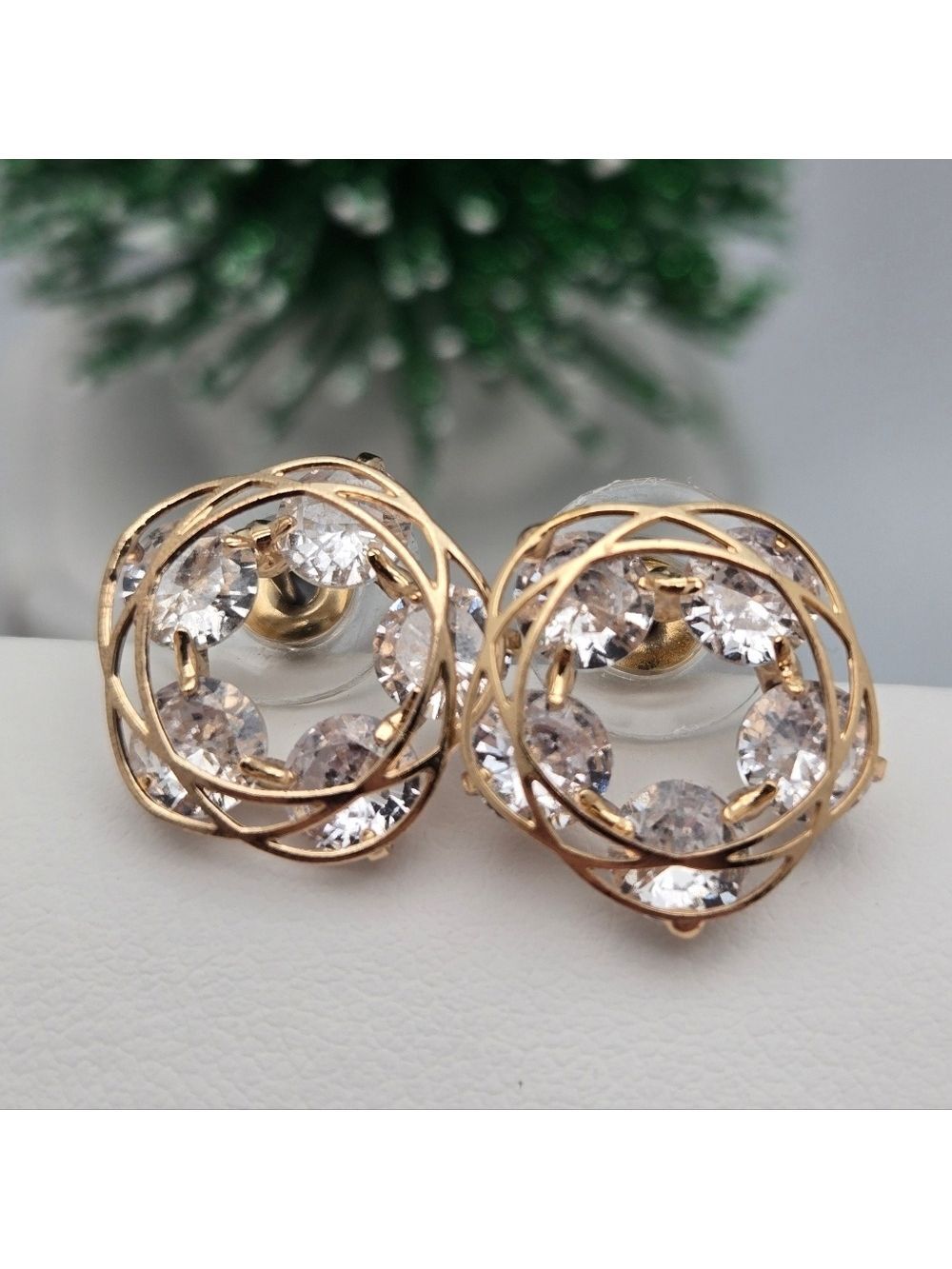 Circular Bridal Stud Earrings Diamond Look Forever Love Design Gold Tone